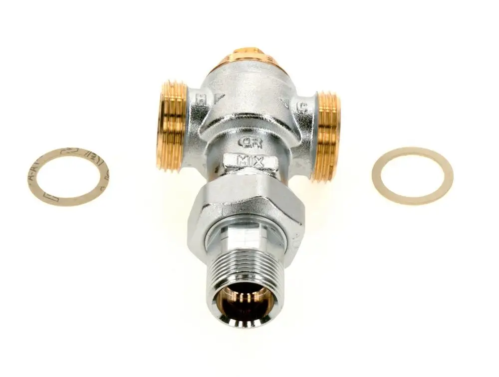 Thermostatisches Ventil von Bosch mit mehreren Anschlussgewinden, einem zentralen Gehäuse und zwei Dichtscheiben, geeignet für Heizungsinstallationen.